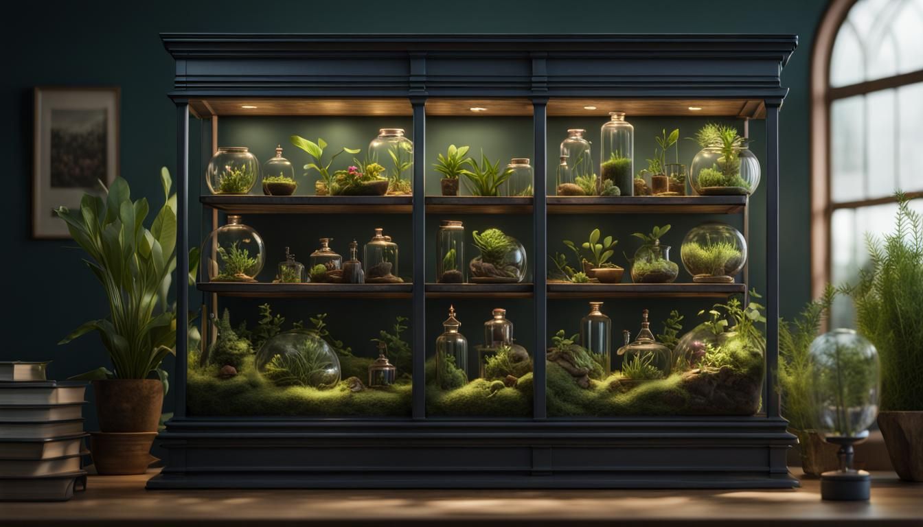 Intricate Terrarium Habitat on Bookshelf, Detailed Matte Pai...