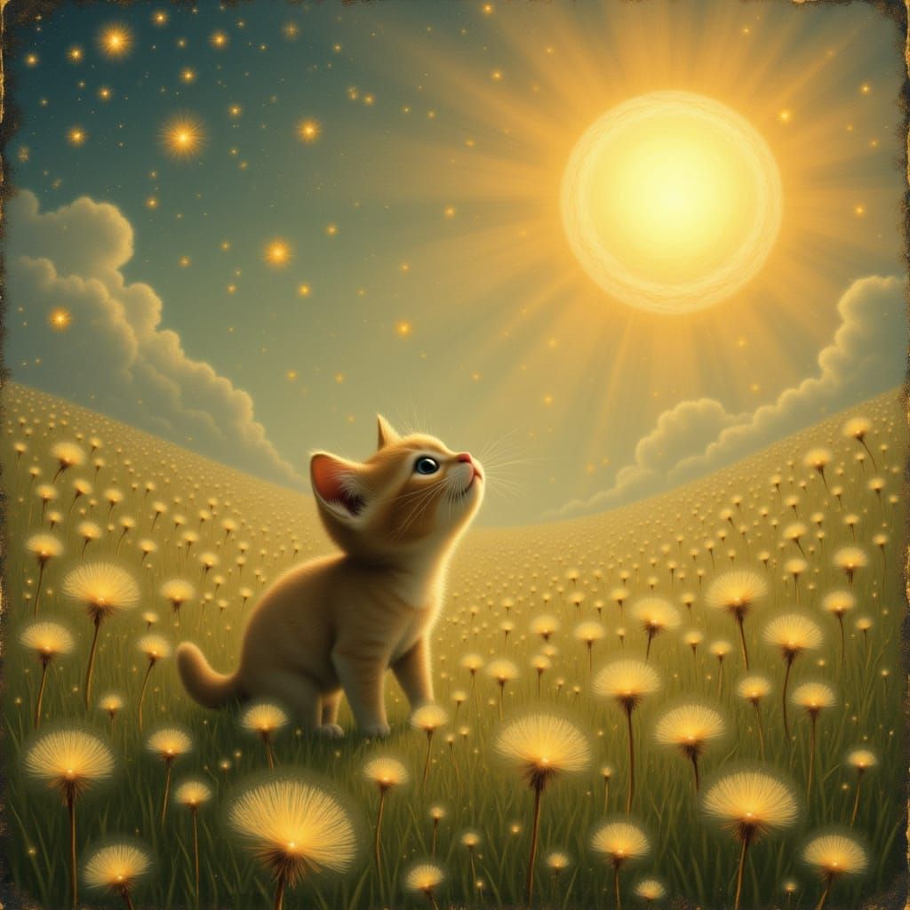 Whimsical Kitten Chasing Starlight Yarn