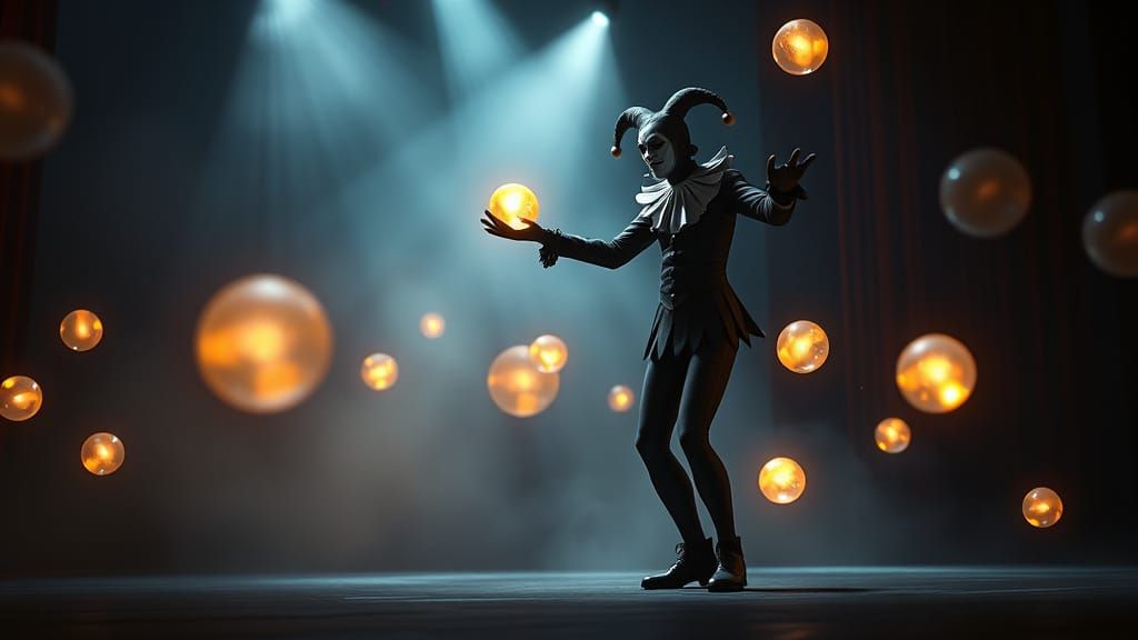 Whimsical Harlequin Juggles Radiant Orbs on a Dreamy Stage
