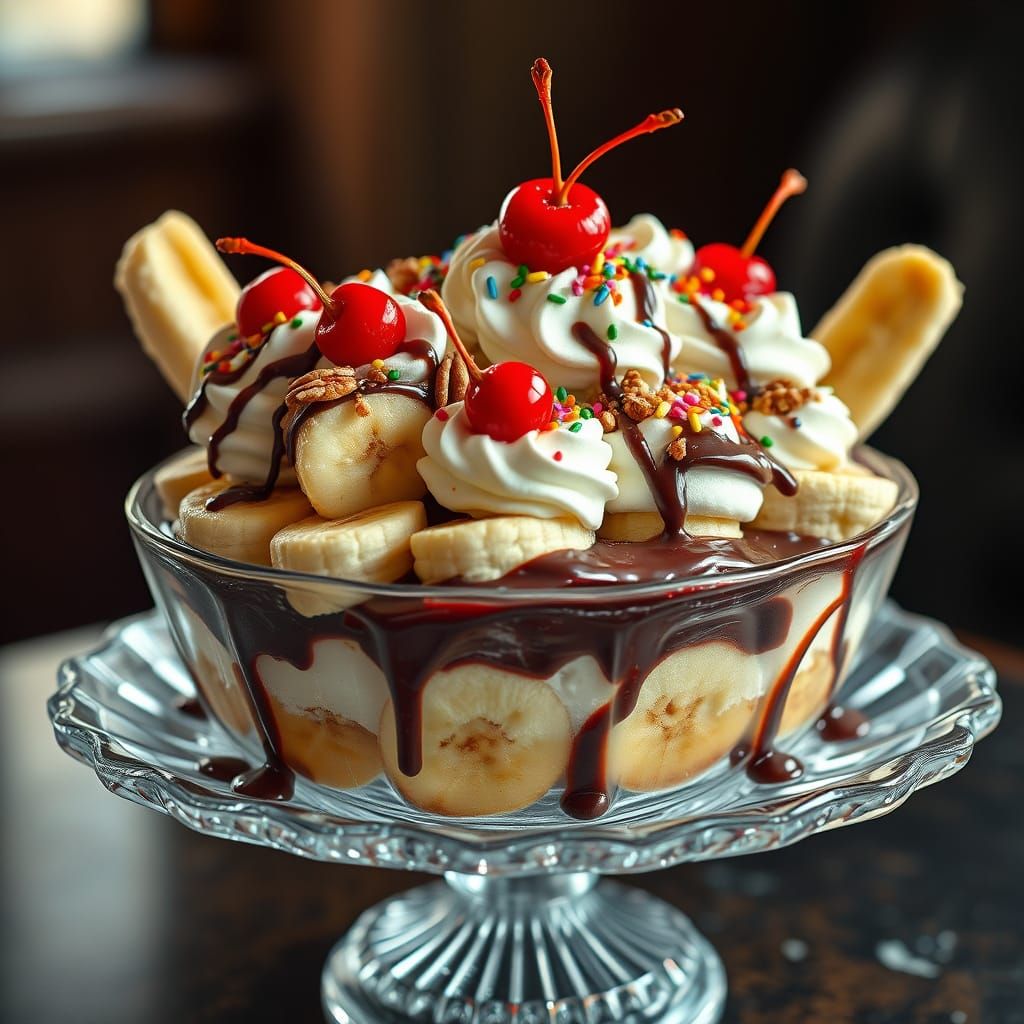 Decadent Banana Split in Hyper-Realistic Style