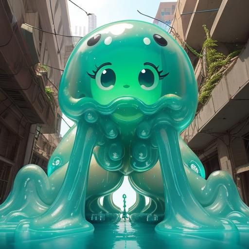 Giant Slime Girl Crawling Through City Ruins