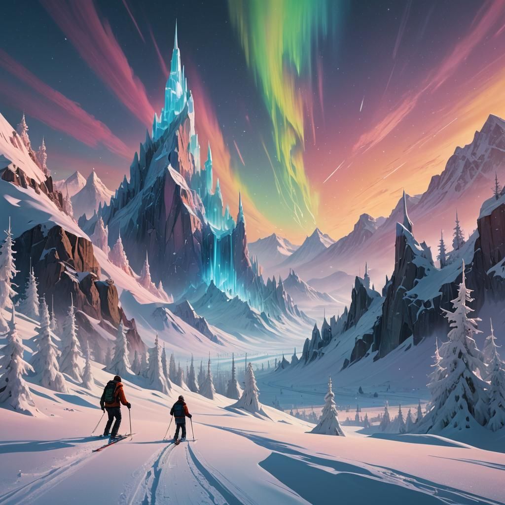 Lone Skier Among Crystal Spires, Digital Matte Painting