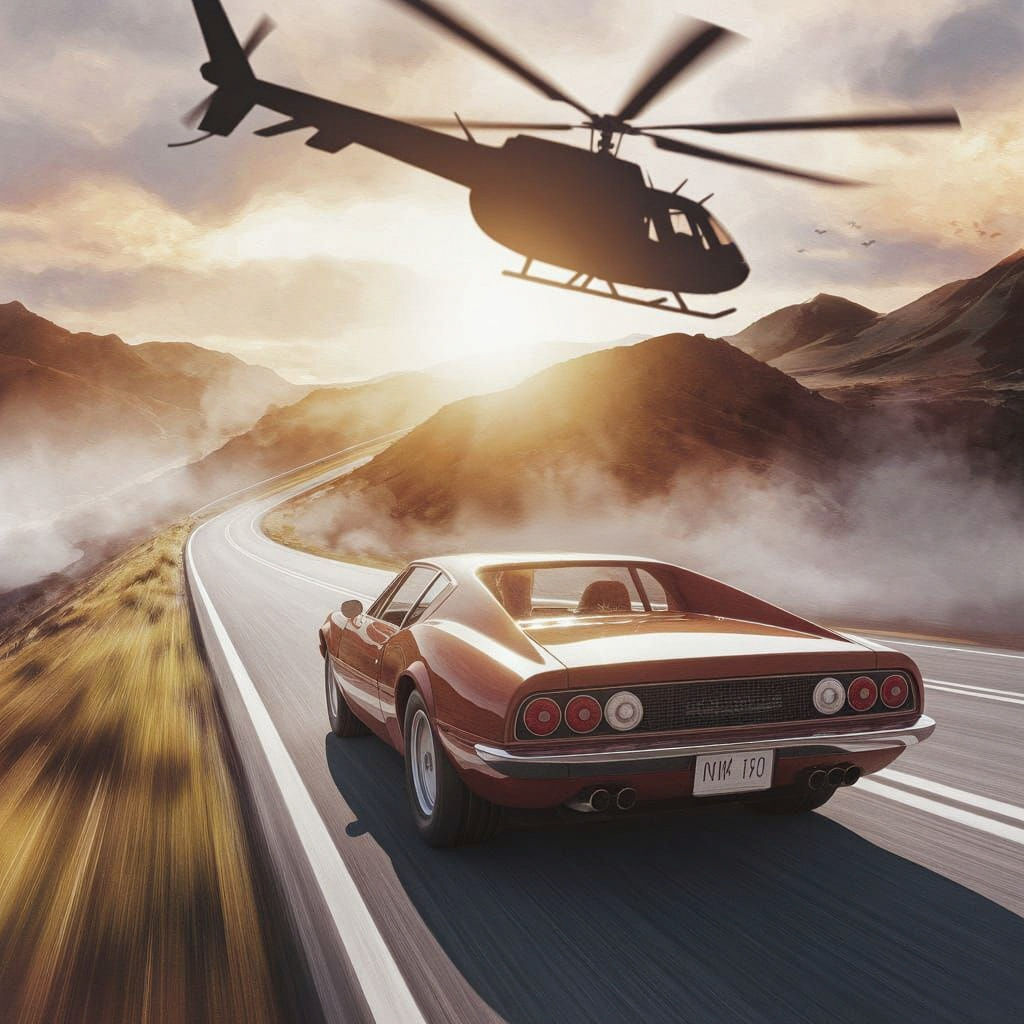 Woman Driving Muscle Car on Misty Mountain Road