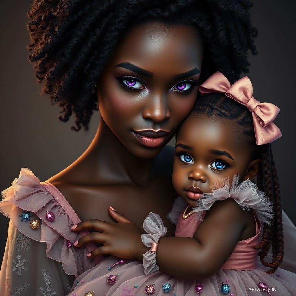 Mocha and Chocolate Skinned Mother and Daughter in Vibrant N...