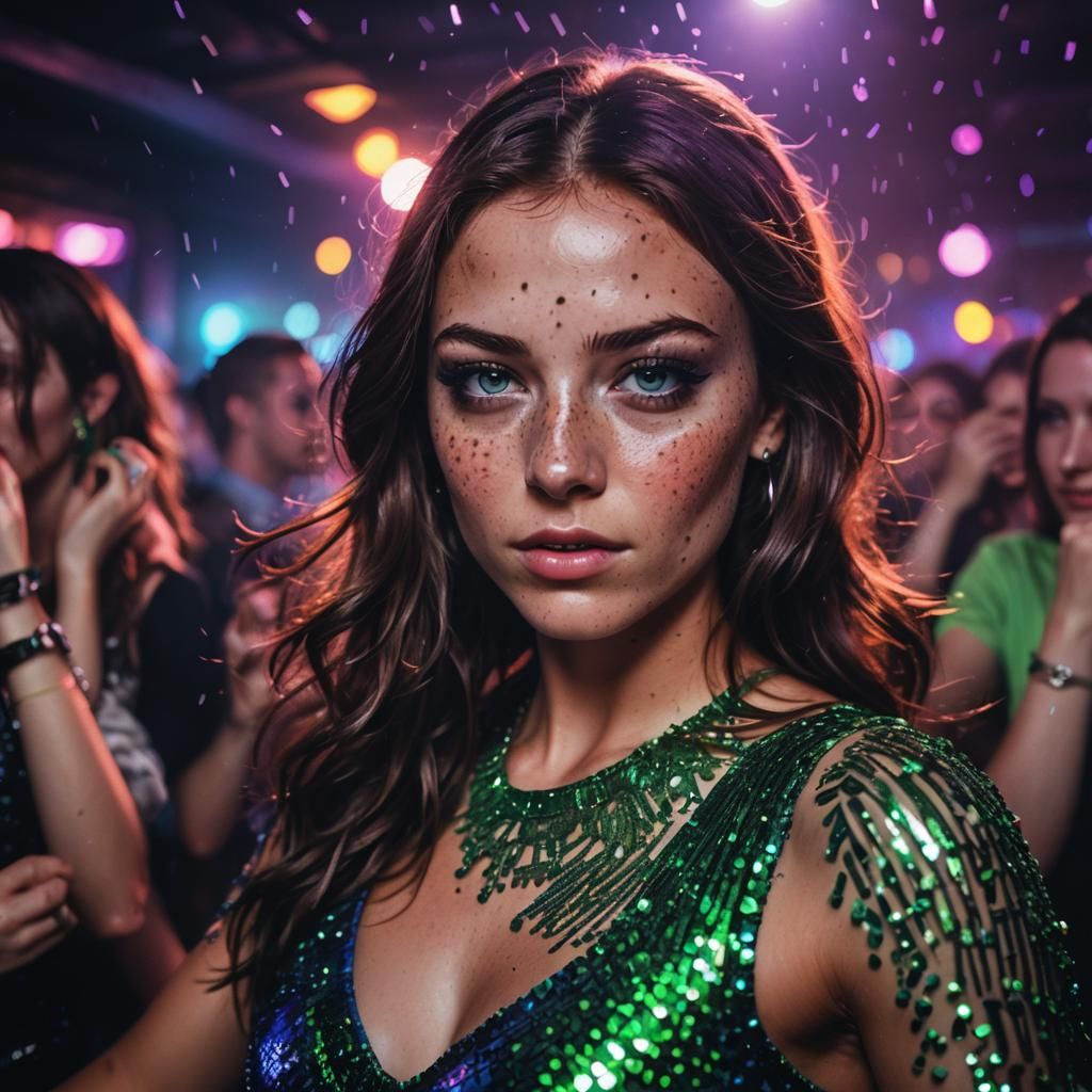 Brunette Girl Dancing in Neon Nightclub Photography