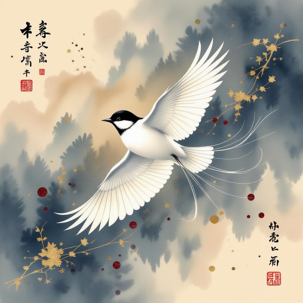 Bird in Flight: Traditional Chinese Painting with Sfumato