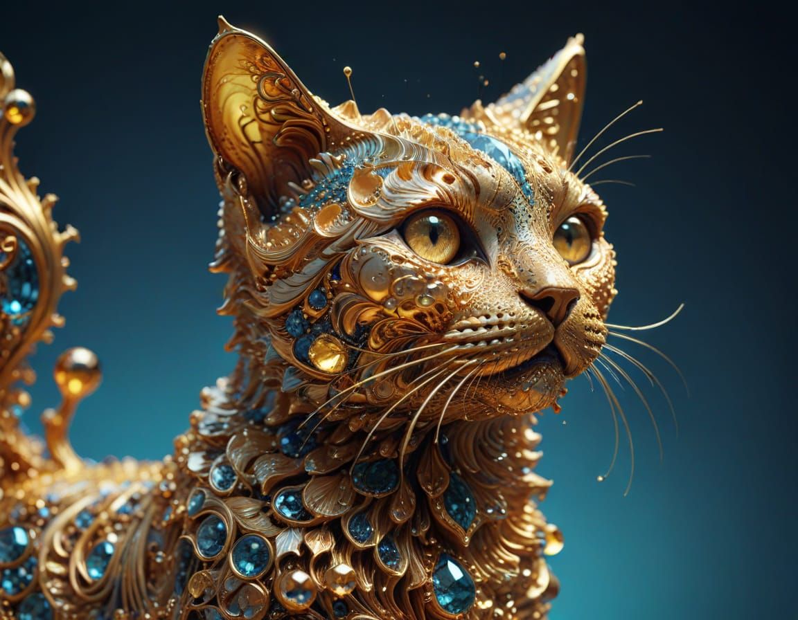 Golden Ferrofluid Cat Statue in Mid-Air, Hyper-Realistic Clo...