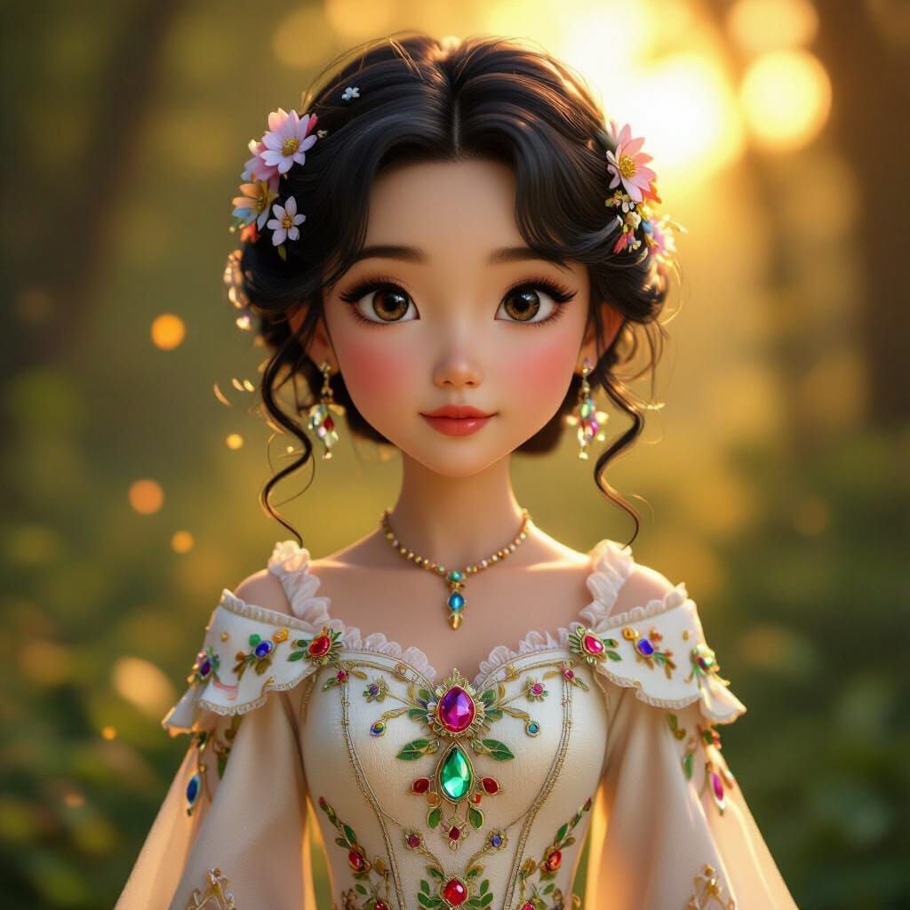 East Asian Girl in Enchanted Forest: 3D Rendered
