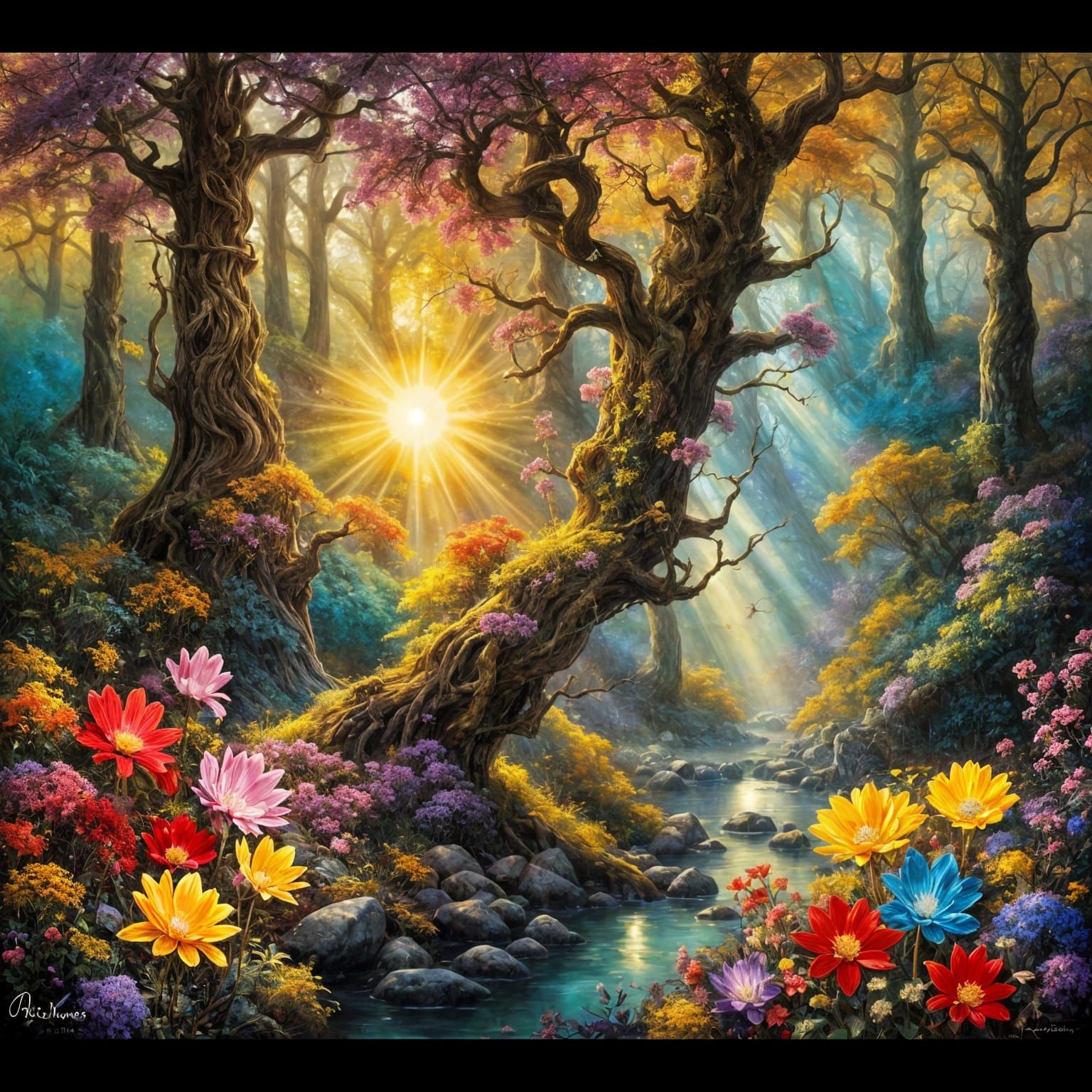 crystals, sun, flowers, forest,  by arthur rackham, pino daeni, intense color