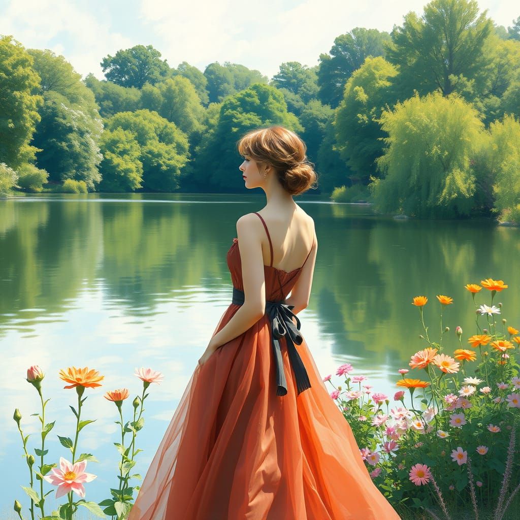 Woman by Lake: Impressionist Painting in Monet Style