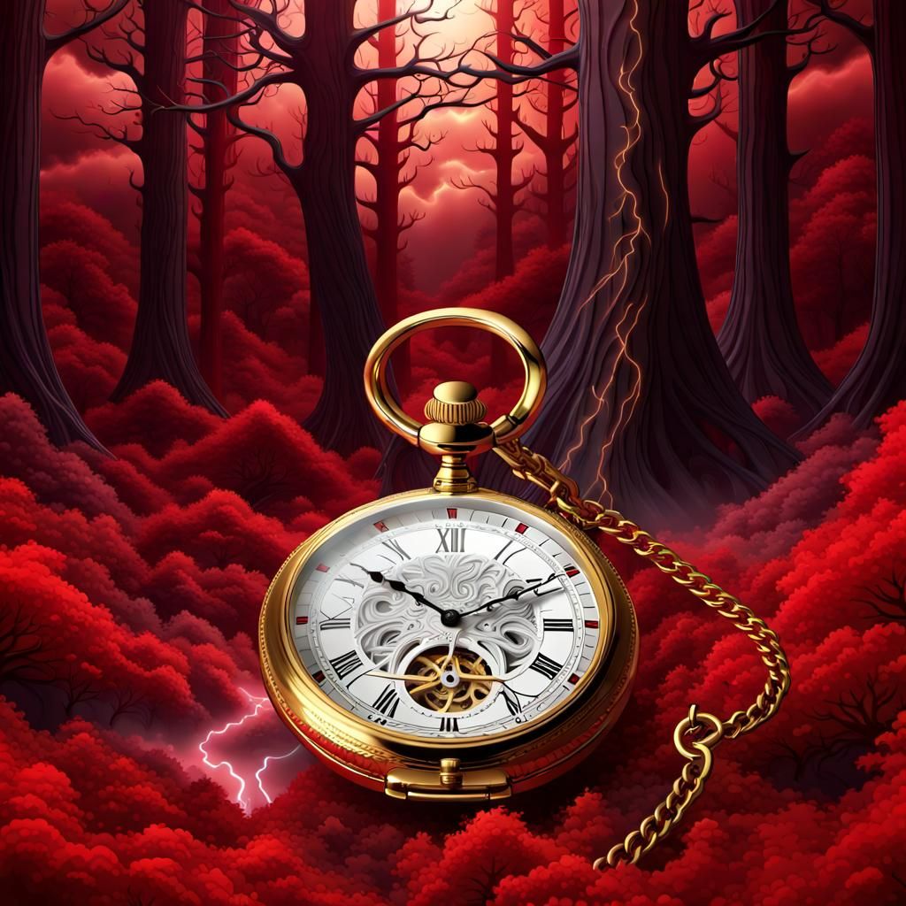 Mystical Gold Pocket Watch in Red Forest Storm