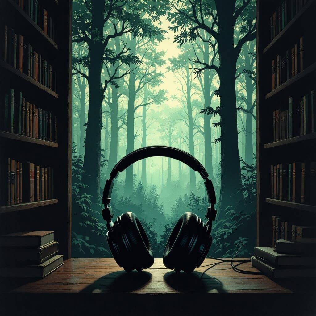 Forest Silhouette With Library Interior and Headphones