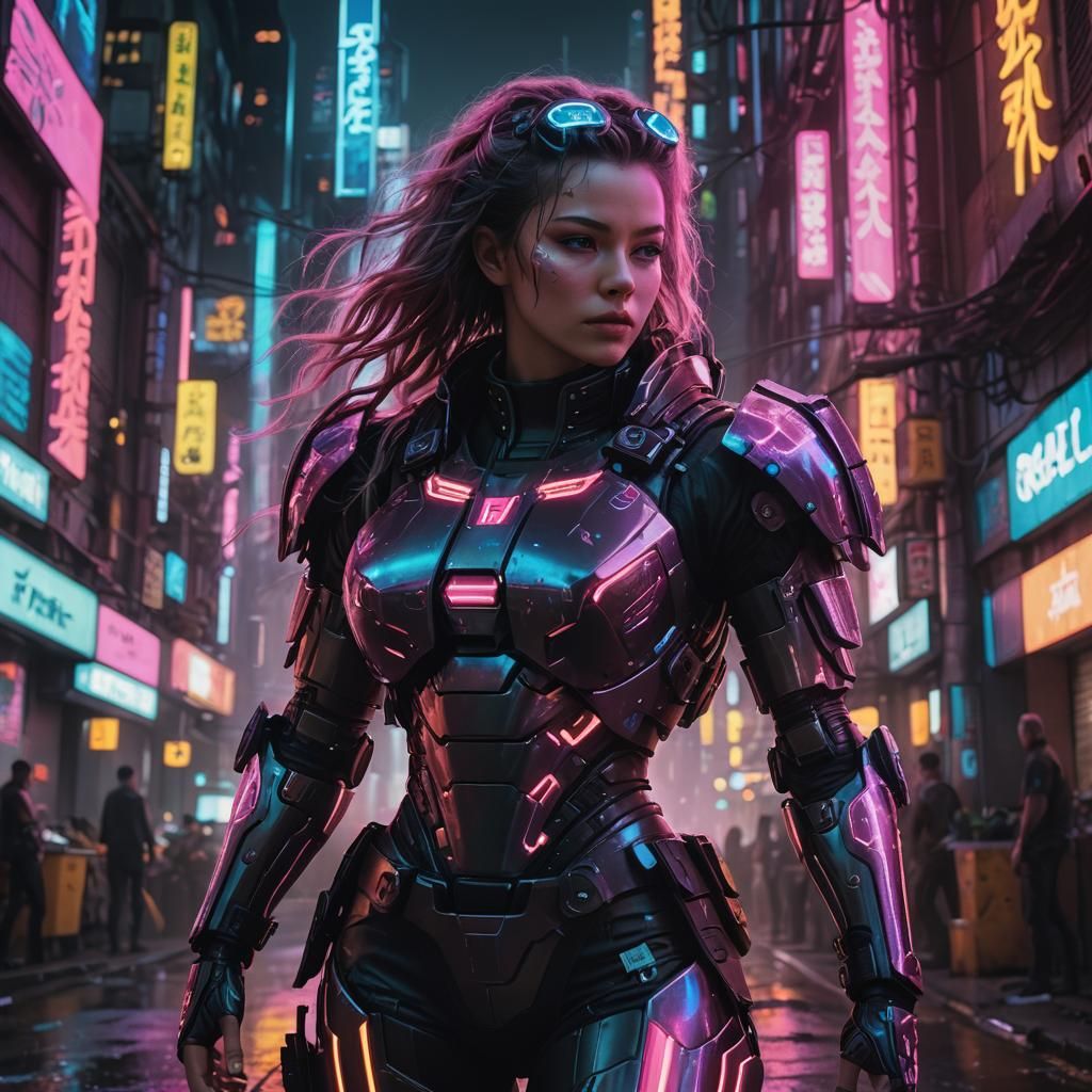 Woman in Cyberpunk Armor in Neon Cityscape