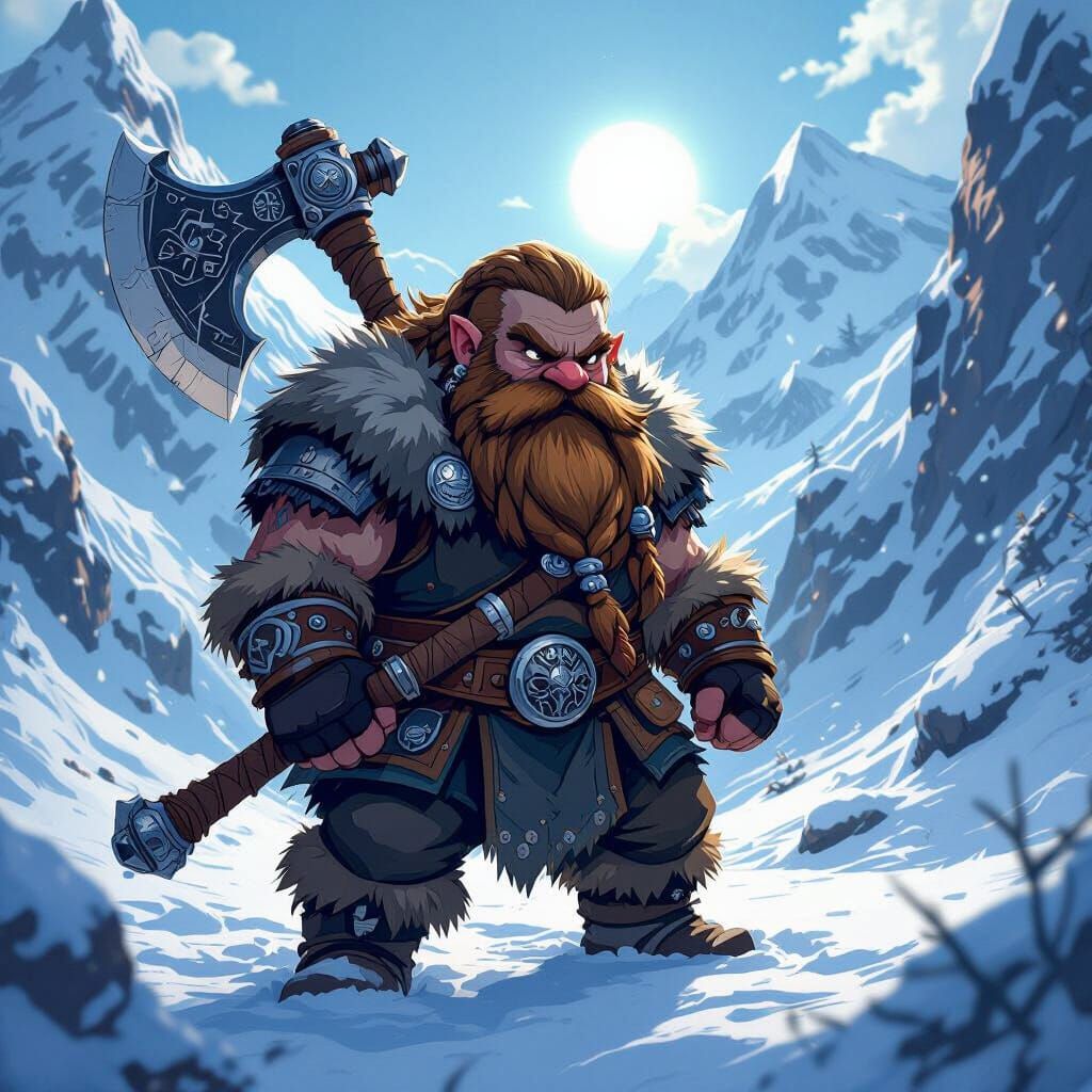 Anime Dwarf Warrior in Snowy Mountain Pass