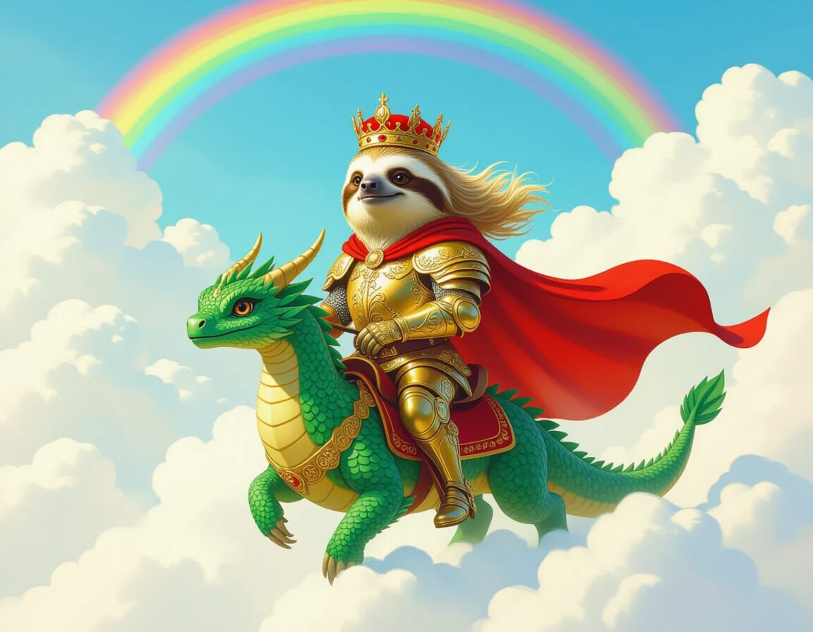 Heroic Sloth King Rides Emerald Dragon in Sky