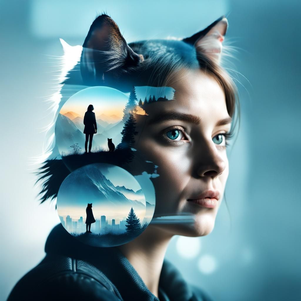 Woman and Cat Double Exposure in 8k