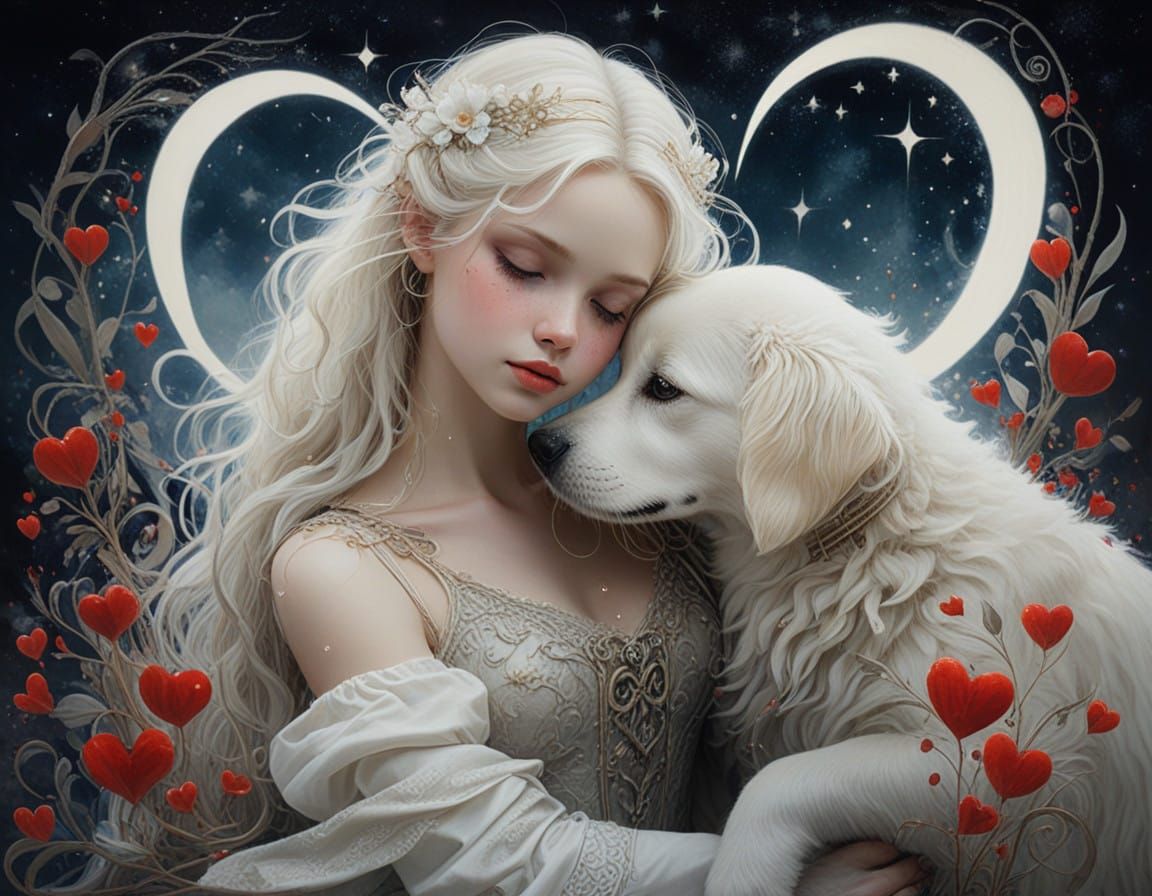Adorable Puppy Comforts Woman in Fairy-Tale Digital Art