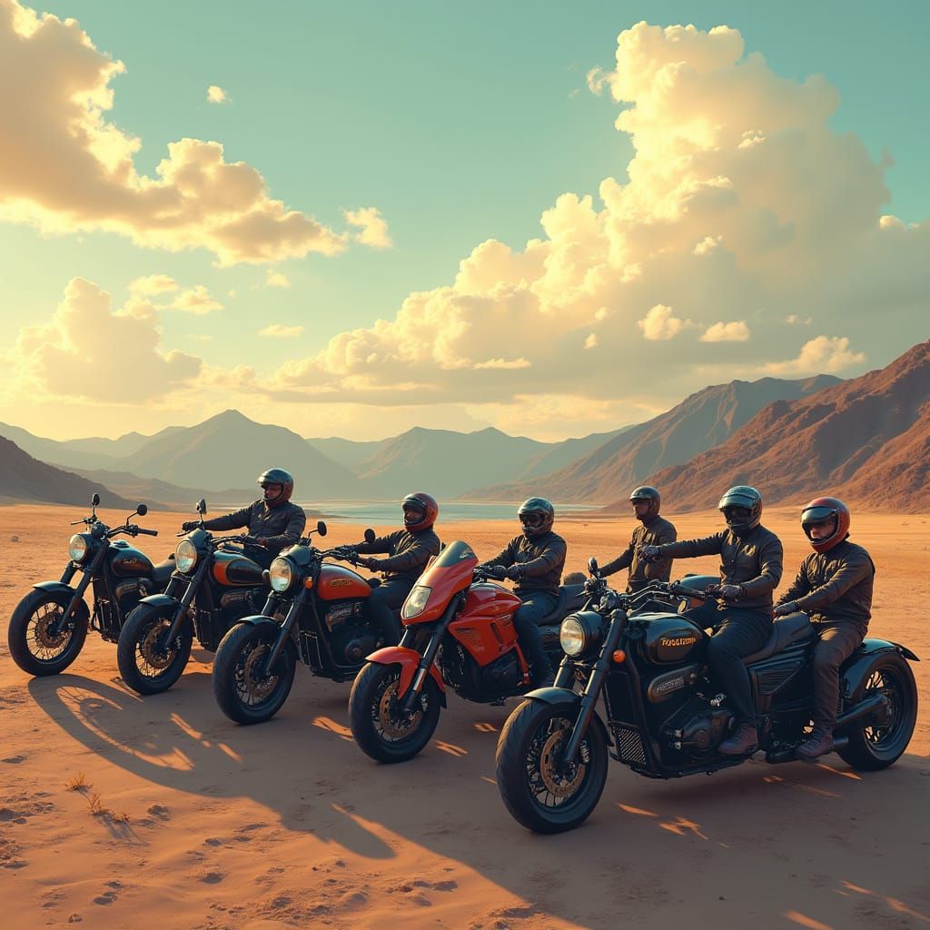 Motorcycle Gathering Under Golden Hour Skies