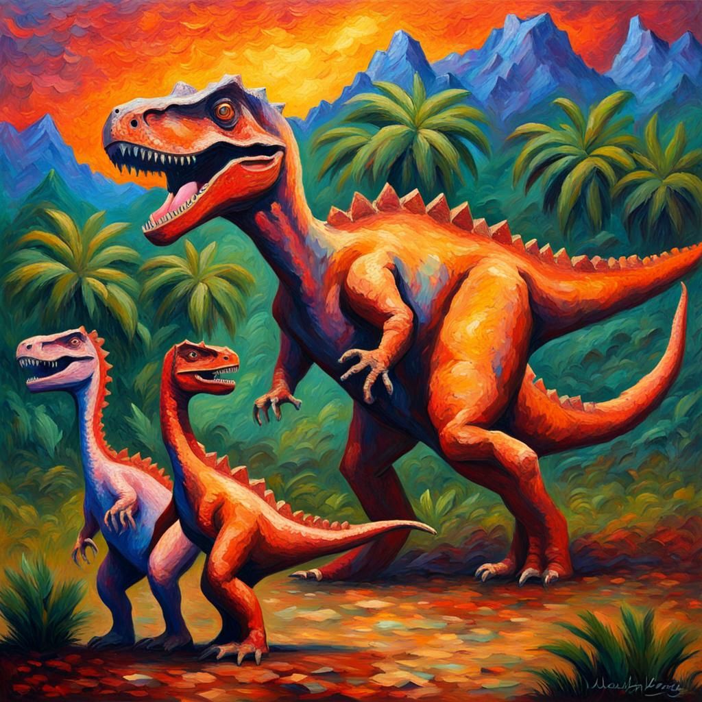 Prehistoric World with Dinosaurs as Expressionist Oil Painti...