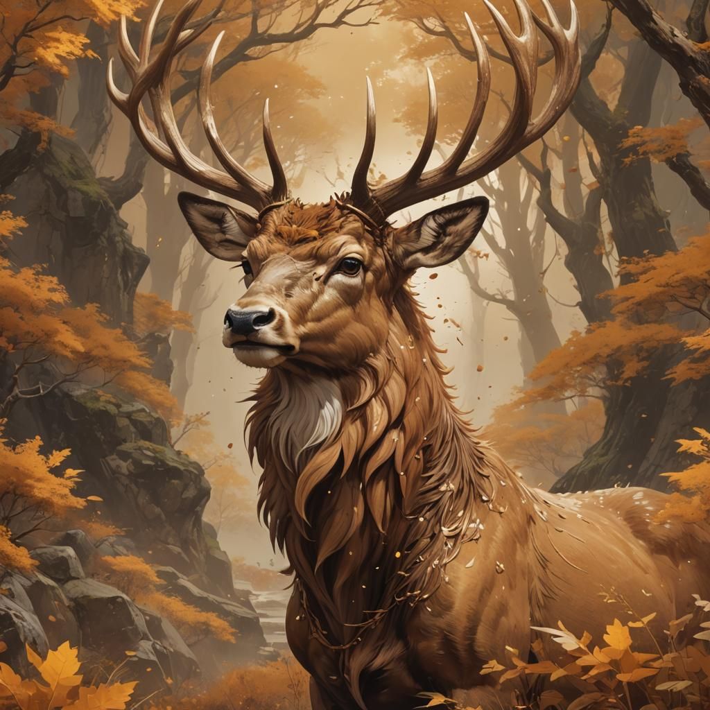 Ochre Magical Stag in 3D Anime Style