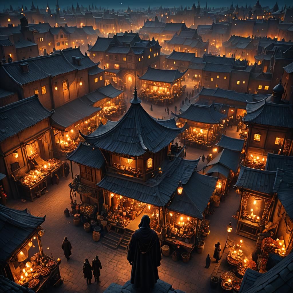 Magical Autumn Night Market in Fantasy Art Style