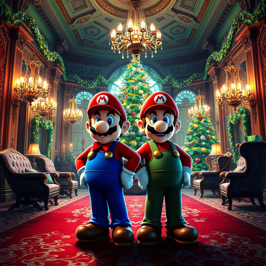Mario and Luigi's Christmas Mansion in Hyperrealistic Style
