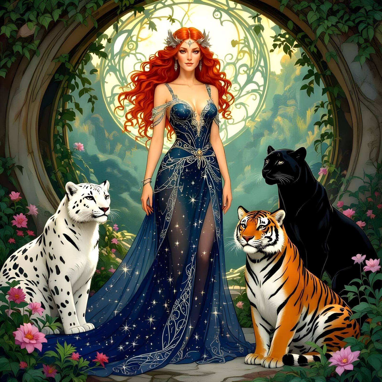 Elven Queen with Big Cats in Art Nouveau Style