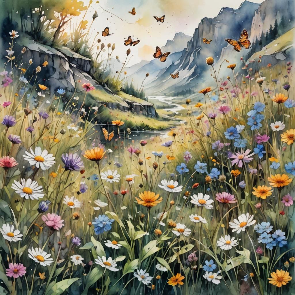 Flower Meadow Watercolor Fantasy Landscape