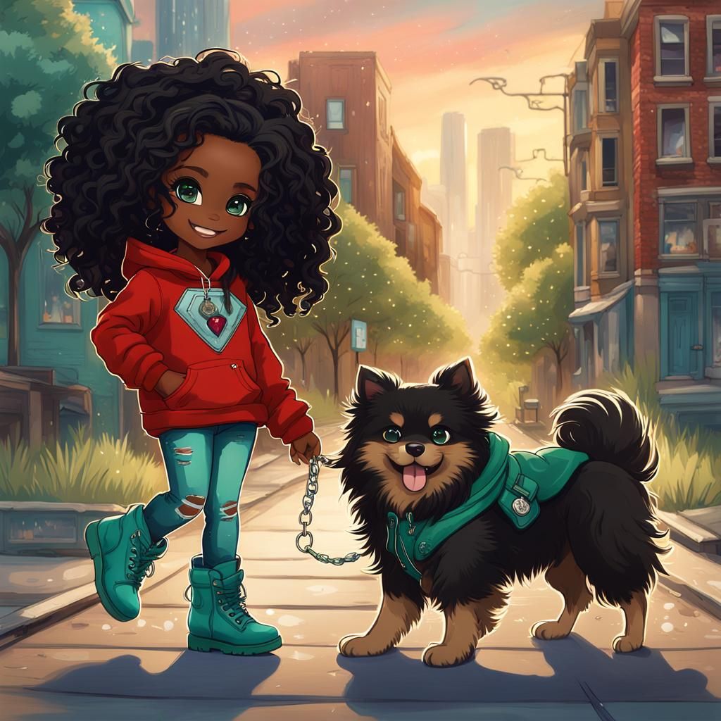 Chibi Style Black Girl Walking Pomeranian