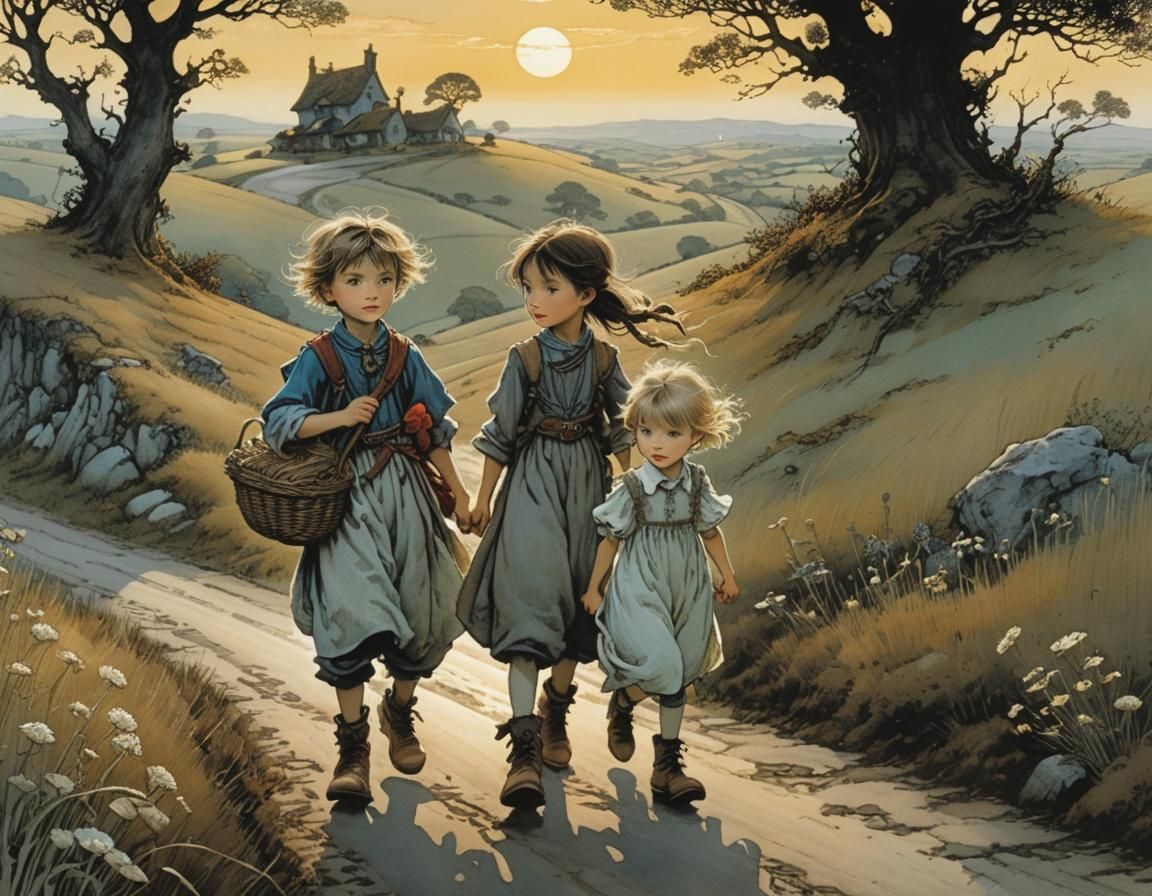 Whimsical Siblings' Dusk Adventure in a Landscaped Aesthetic