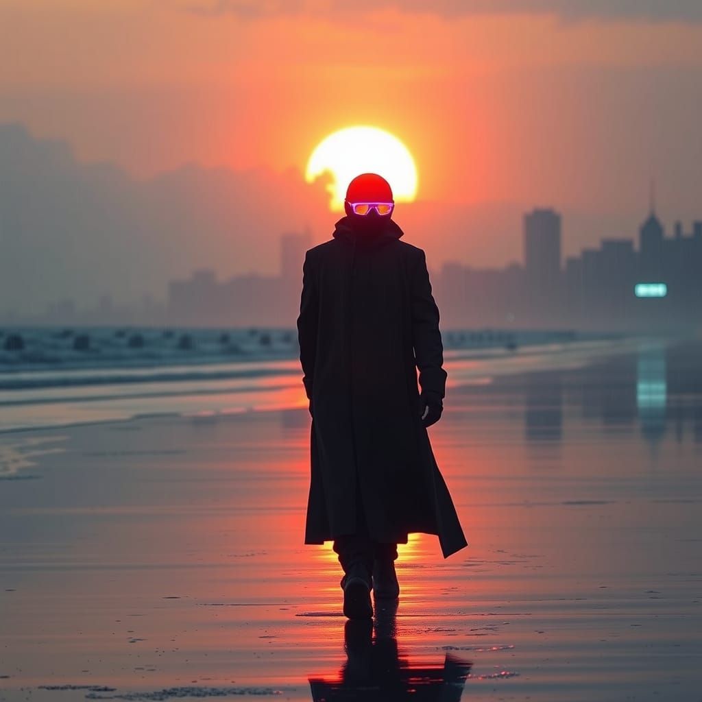Cyberpunk Figure on Rainy Beach at Sunset