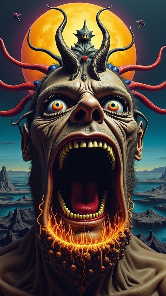 Muscular Man Mutation with Fiery Eyes and Fractal Faces