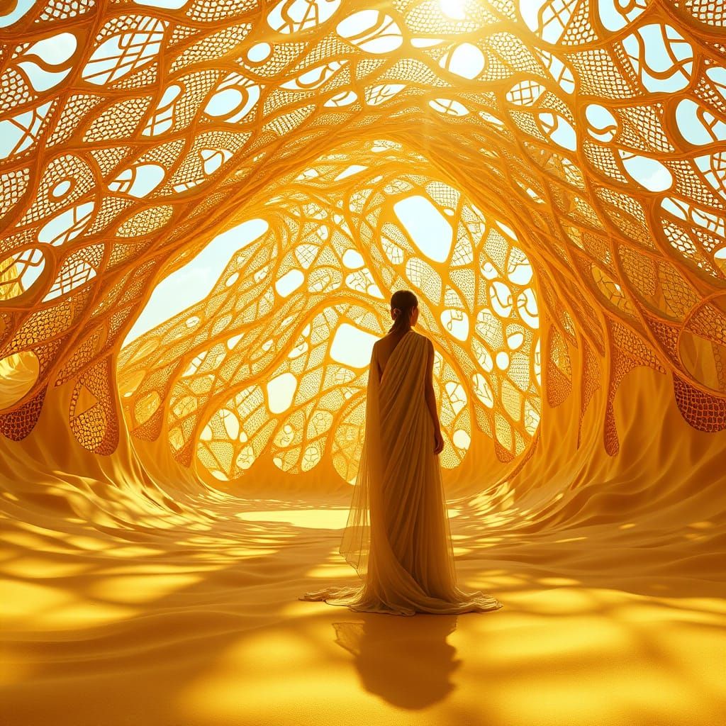 Golden Wonders: A Person Amidst Infinite Fractal Waves