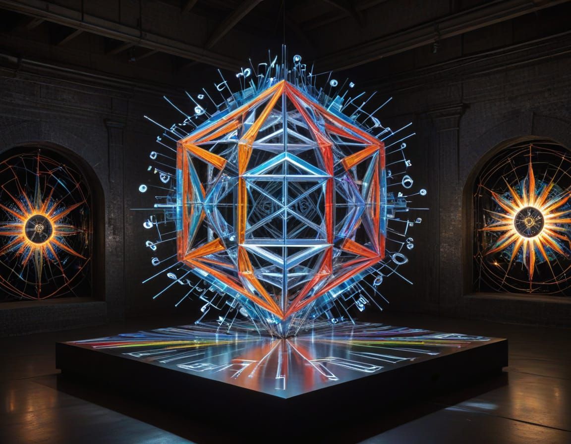 chimera inside out  luminobabel  3D  gigantic floating hyperdetailed math art geometry graphs symbols  kinetic  sculptur...