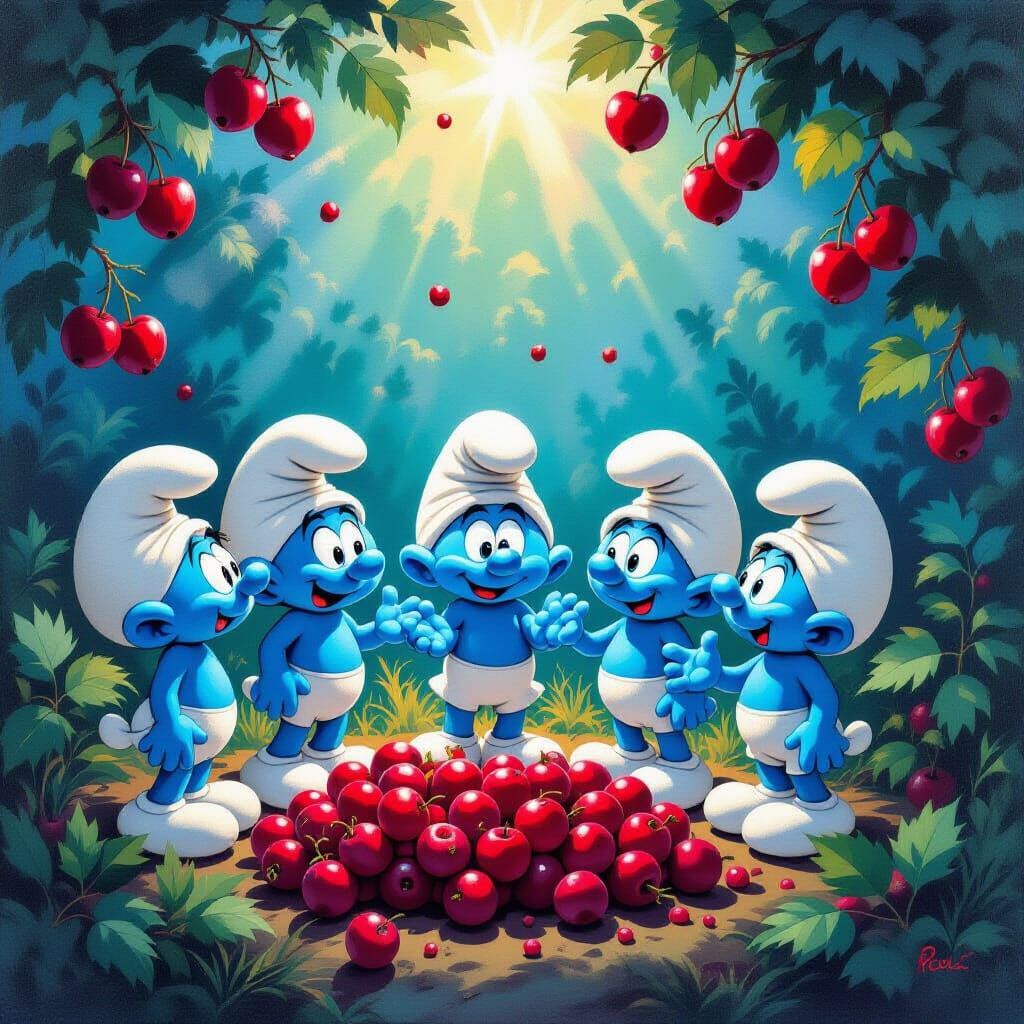 Fantastical Smurfs Gathering Berries in Surreal Style
