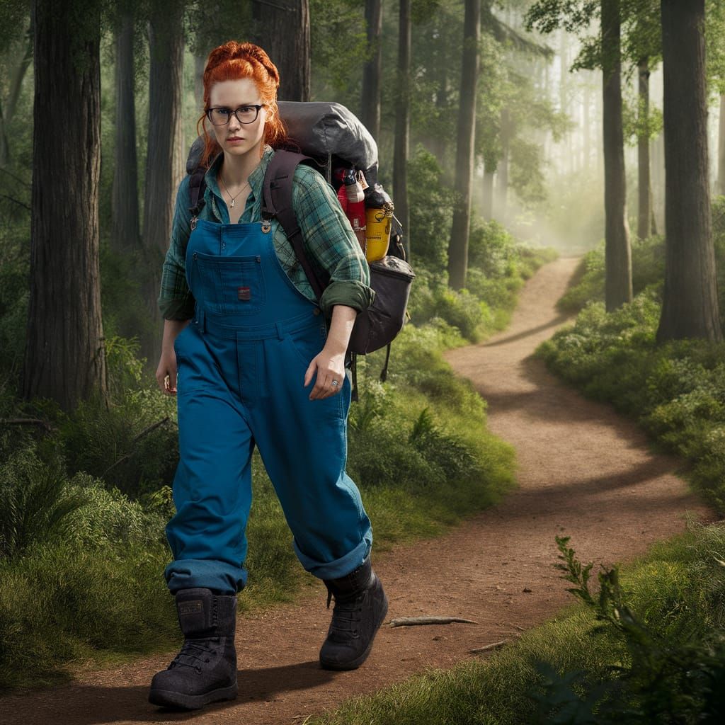 Red-Haired Woman Hiking in a Forest