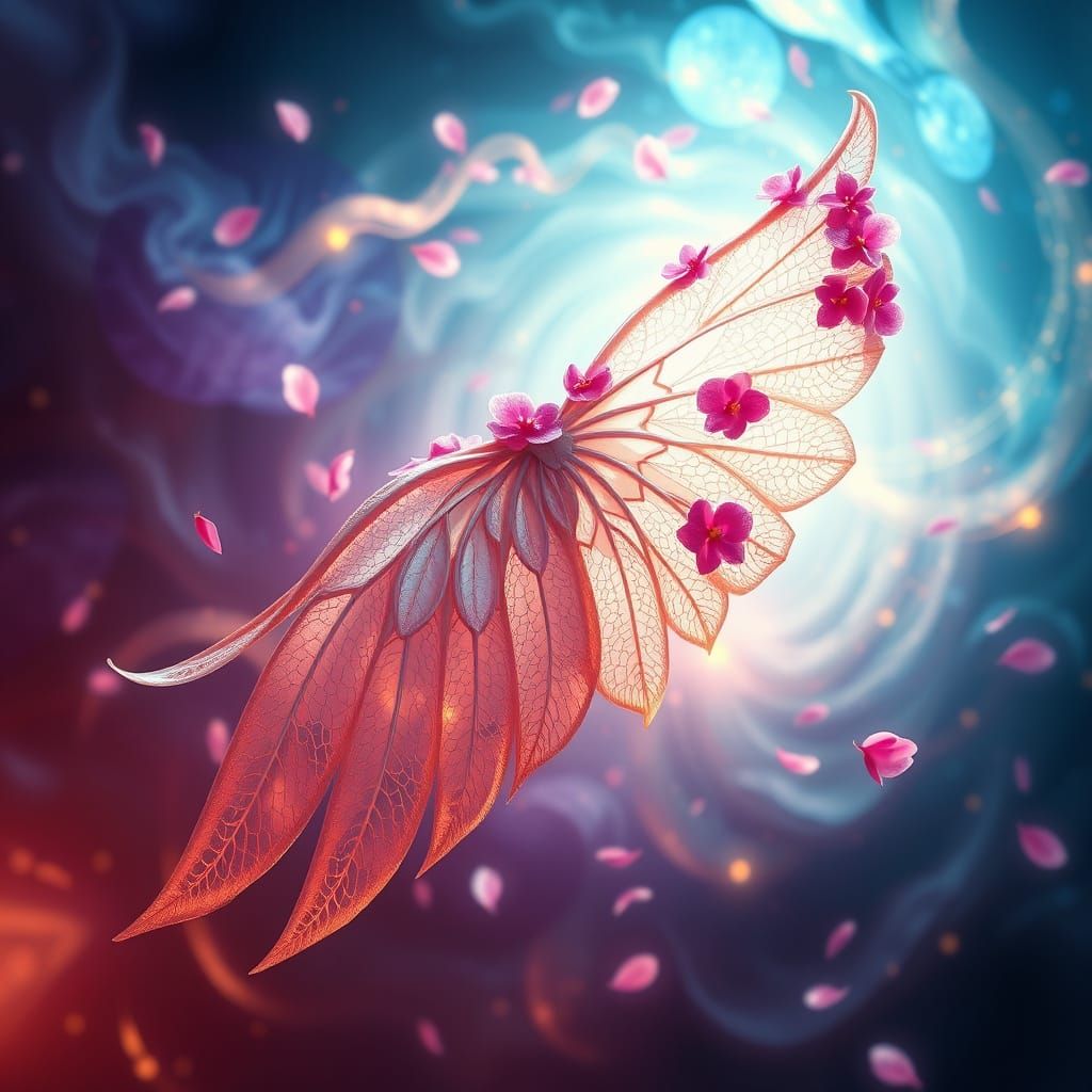 Ethereal Wingcrafted from Delicate Blooms in Cyberpunk Aesth...