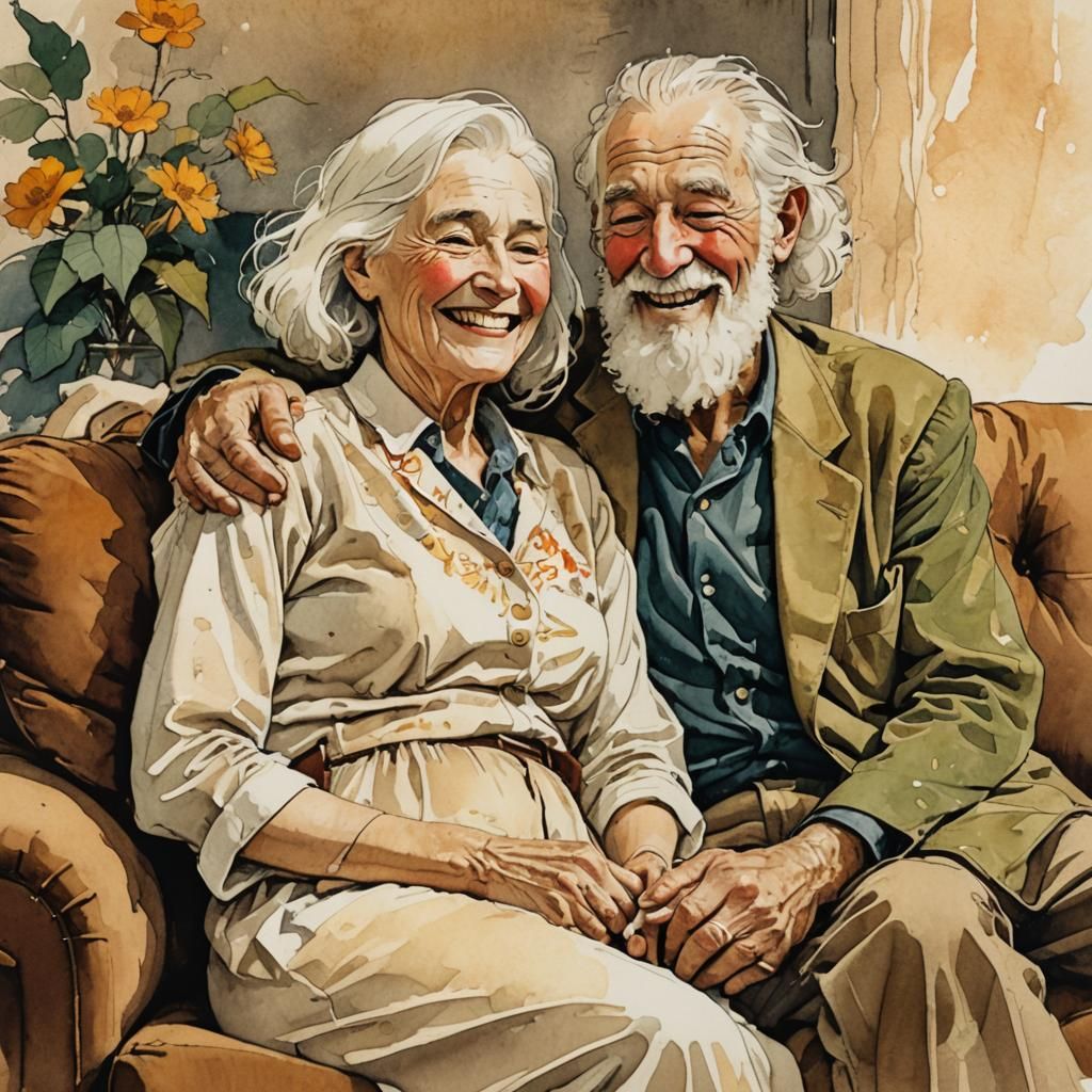 Laughing Couple in Cozy Pen and Ink Sketch