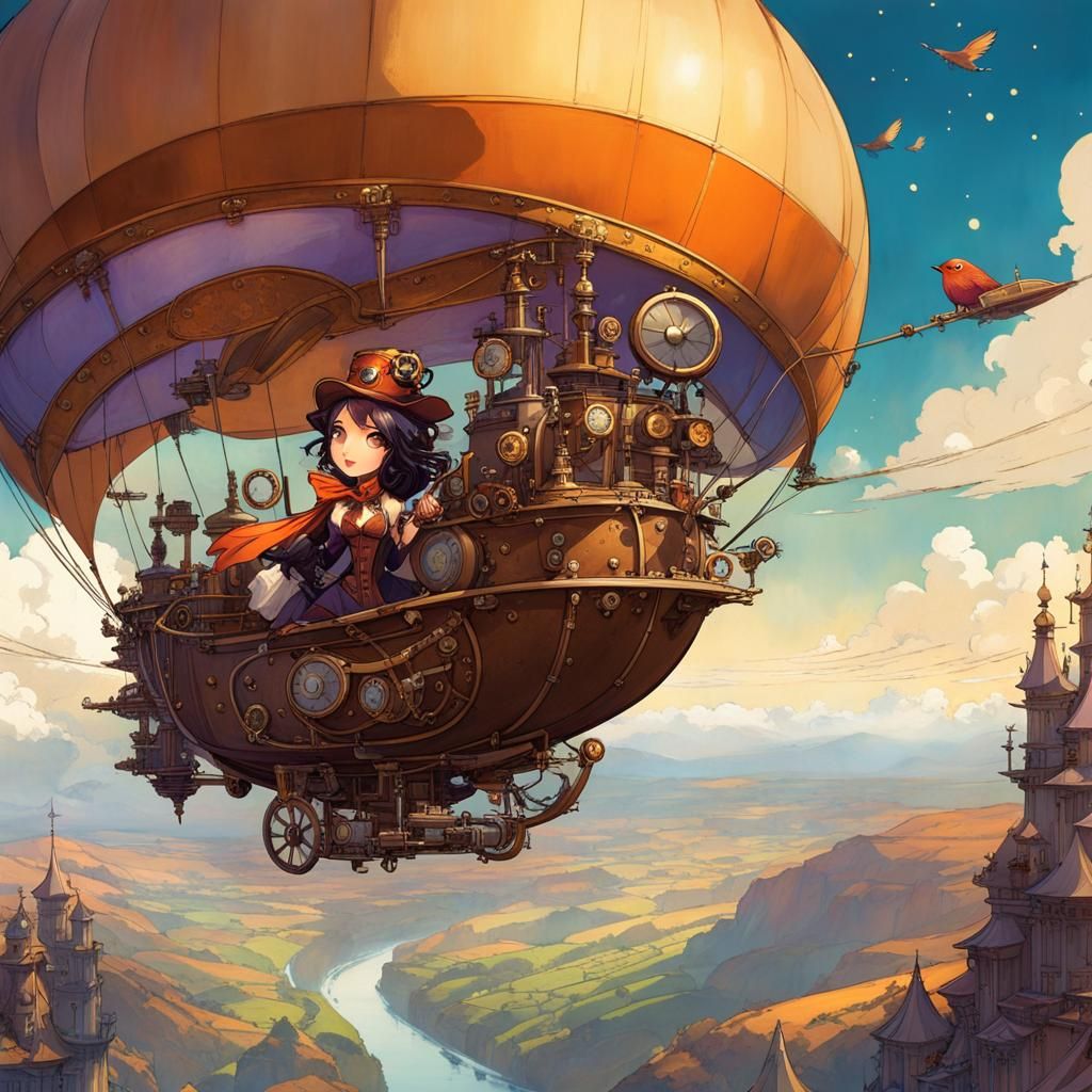 Steampunk Airship Soaring at Twilight