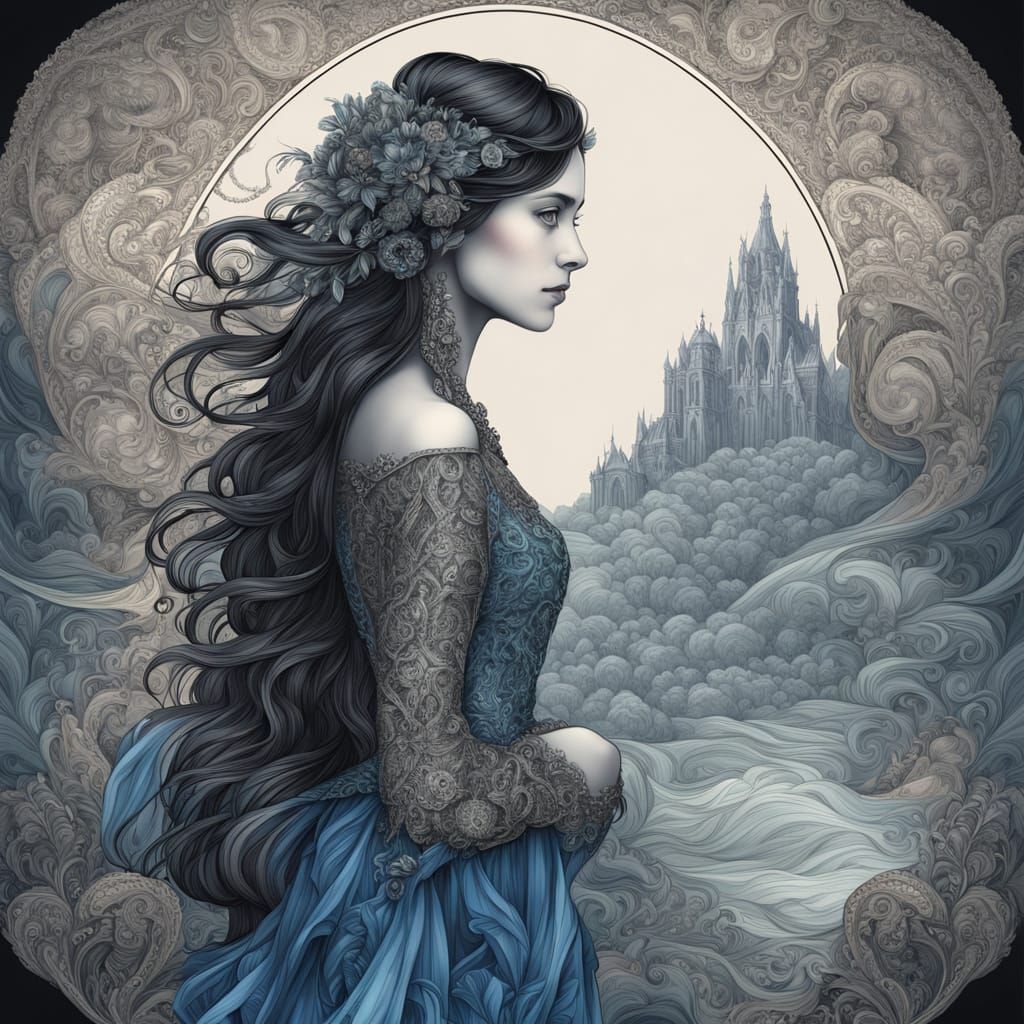 Woman on Cliff in Misty Landscape, as Charcoal Drawing