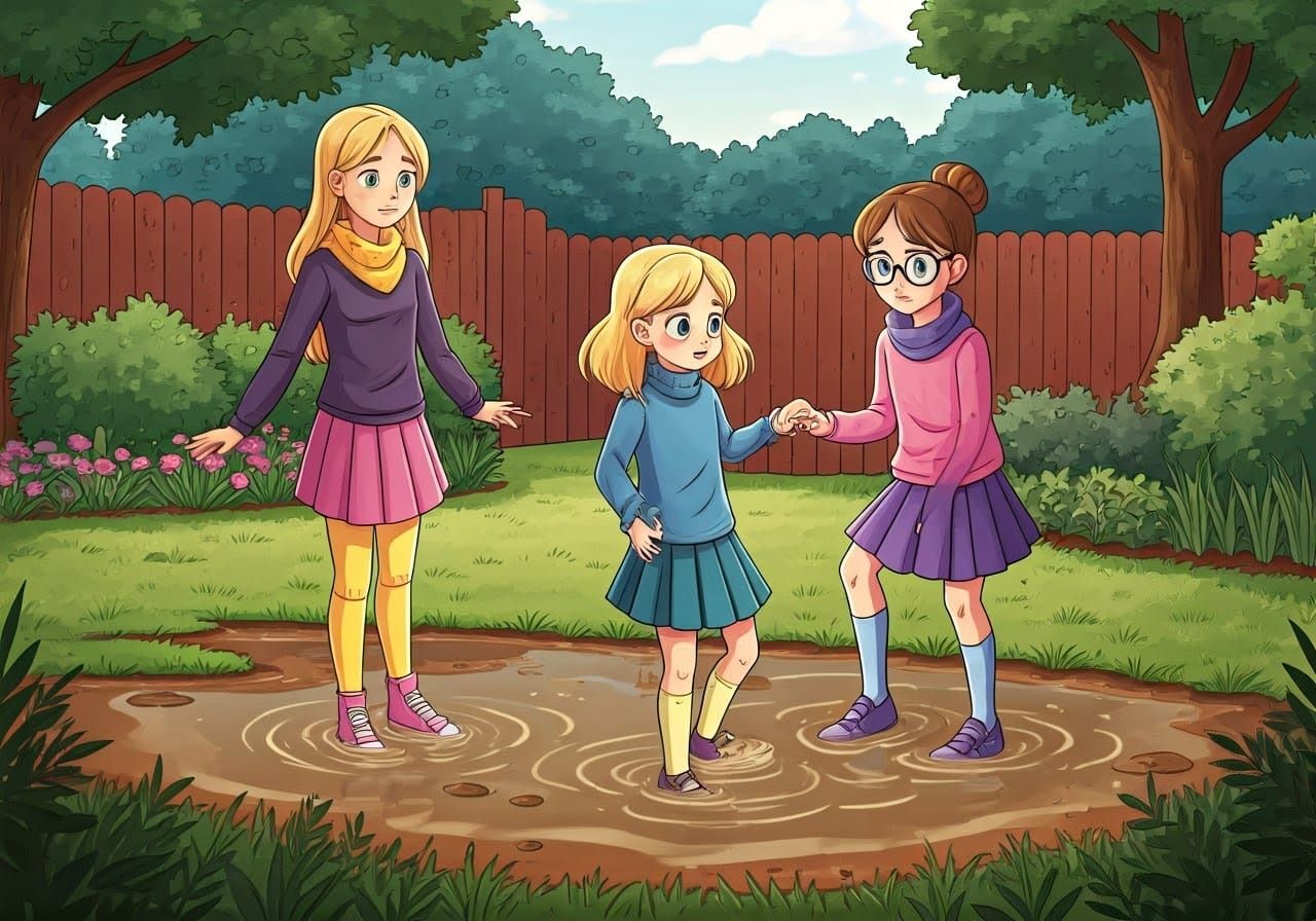 Sisters Dancing in Muddy Garden Puddle