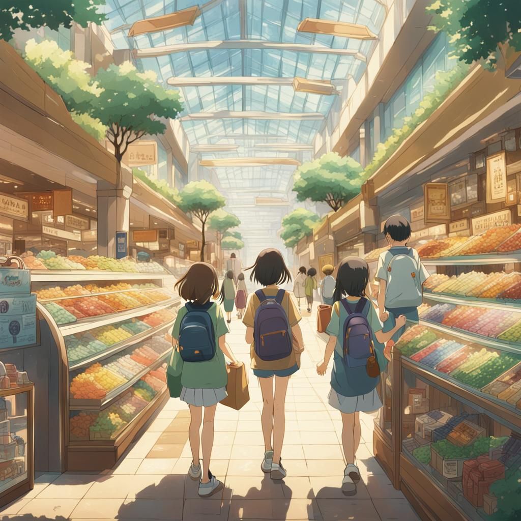 Girl Shopping with Friends in Anime Style