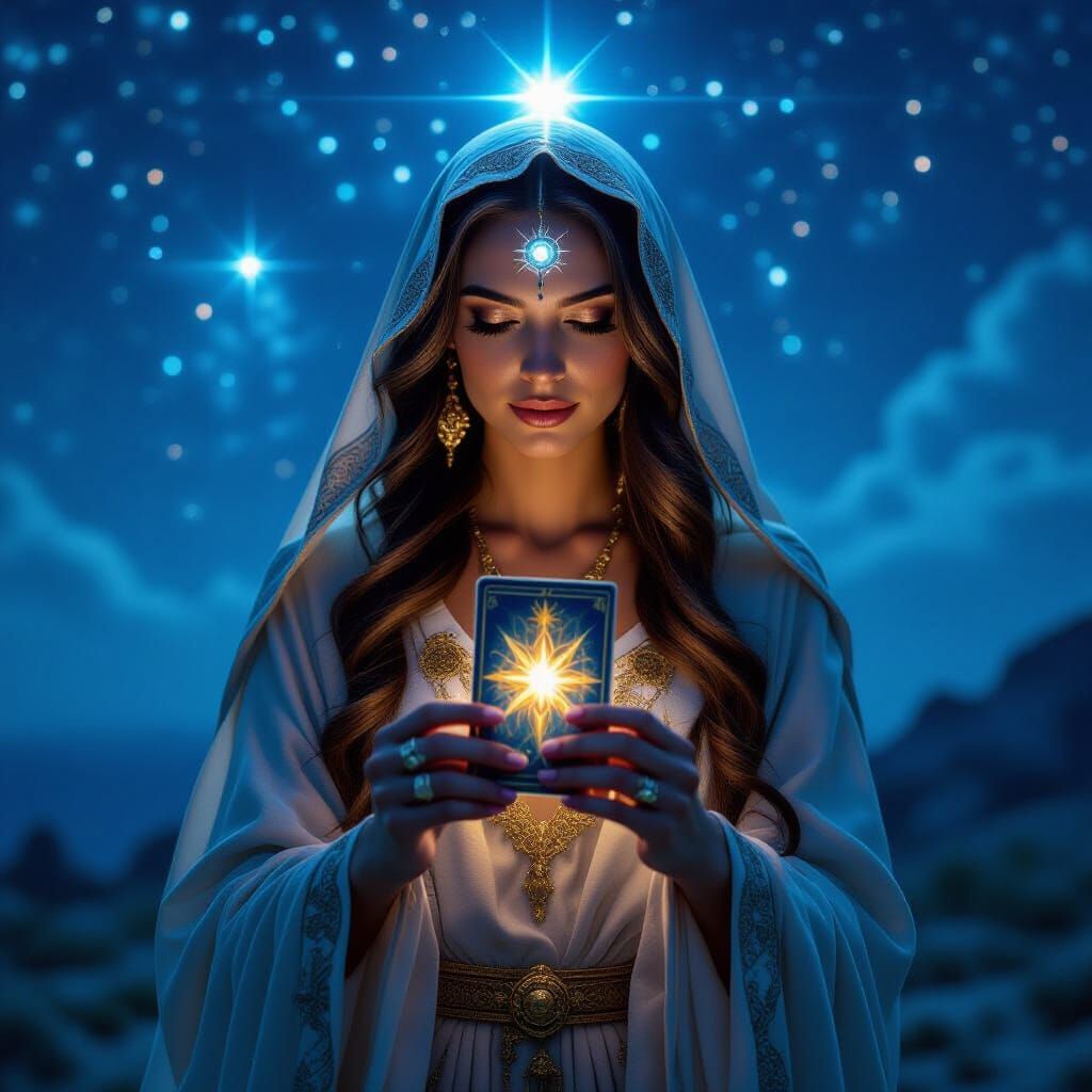 Mystic Priestess Under Starry Sky with Tarot Card