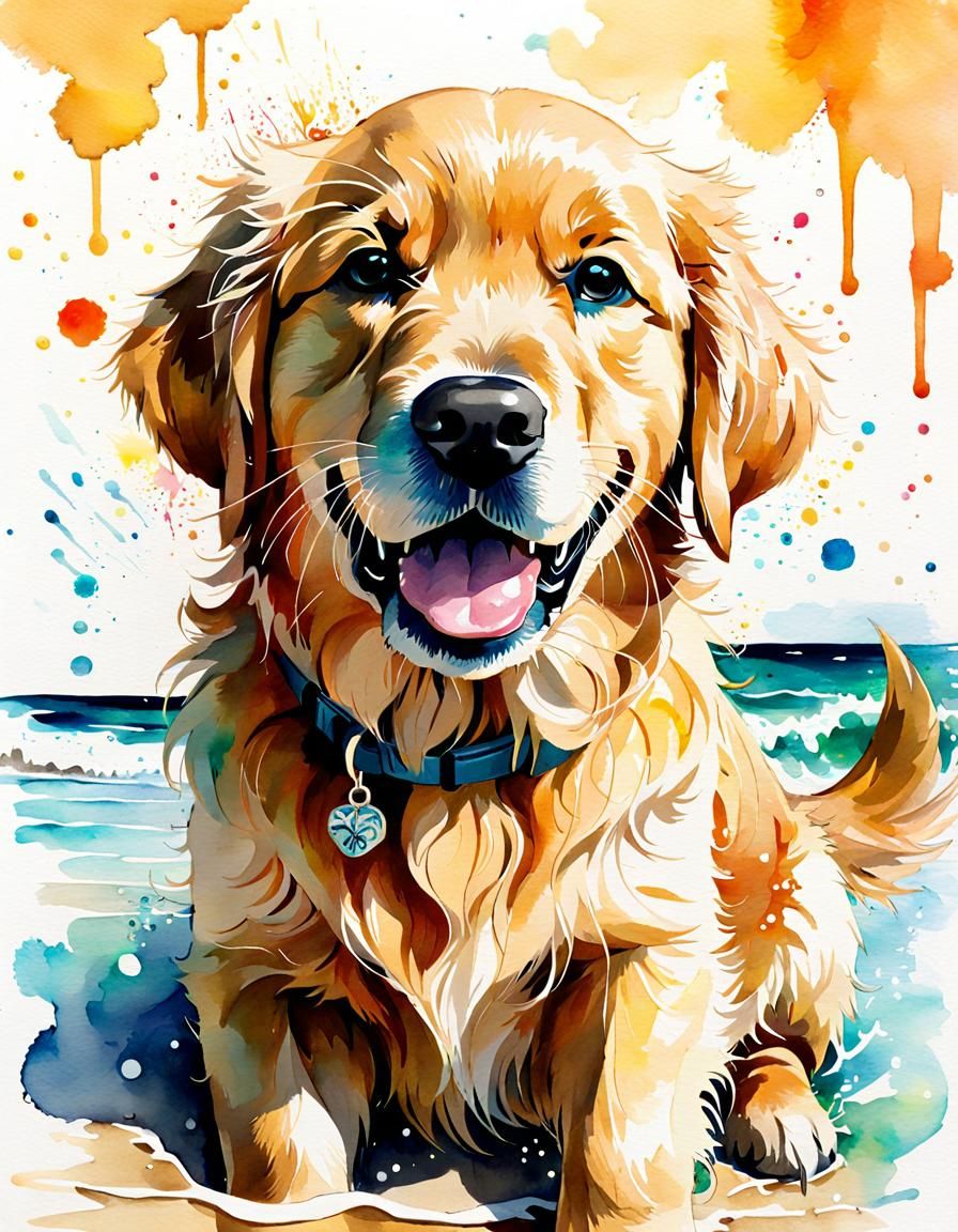 Golden Retriever Beach Puppy in Watercolor Manga Style