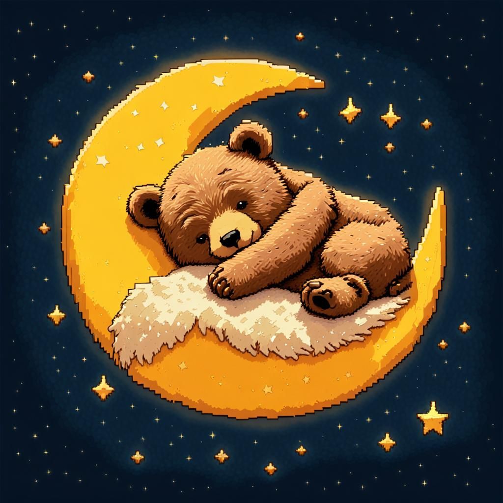 Teddy Bears Sleeping on Moon in 8-bit Pixel Art