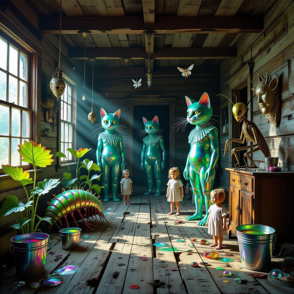 Surreal Cabin Interior with Cat Figures in Basquiat Style