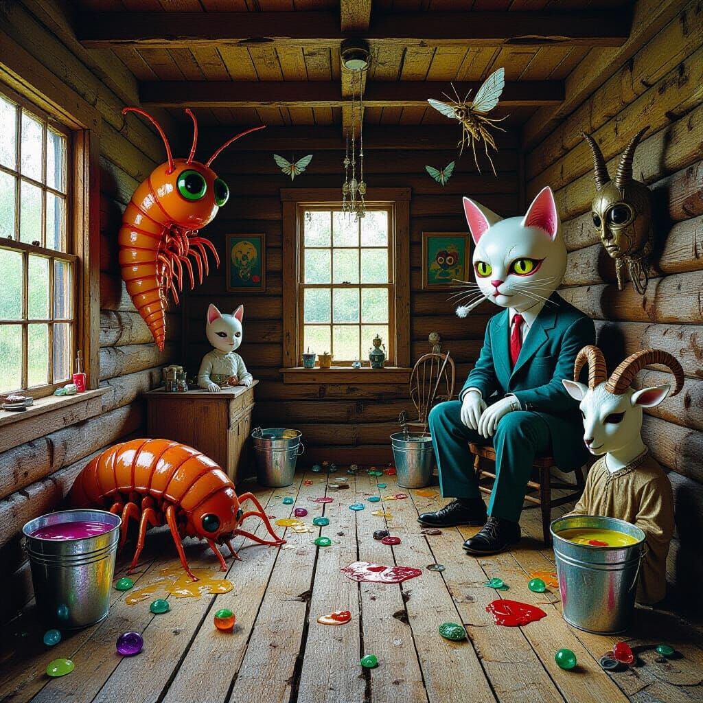 Surreal Horror Dreamscape with Larvae and Cat Figures
