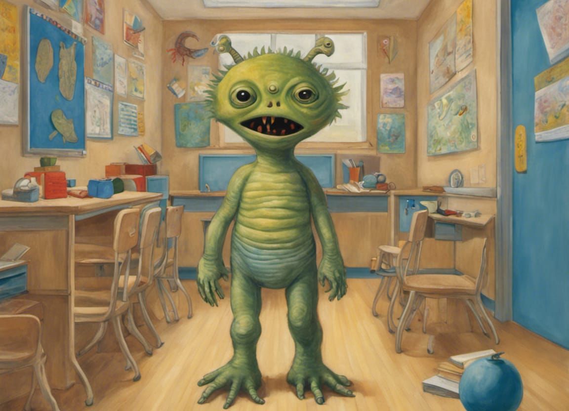 a little alien monster in his kindergarten classroom for his first day of school, detailed realism,  by artist Diego Riv...
