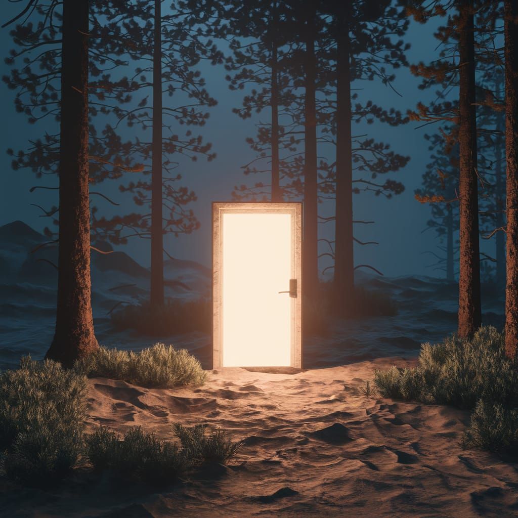 Mysterious Glowing Door in Barren Landscape