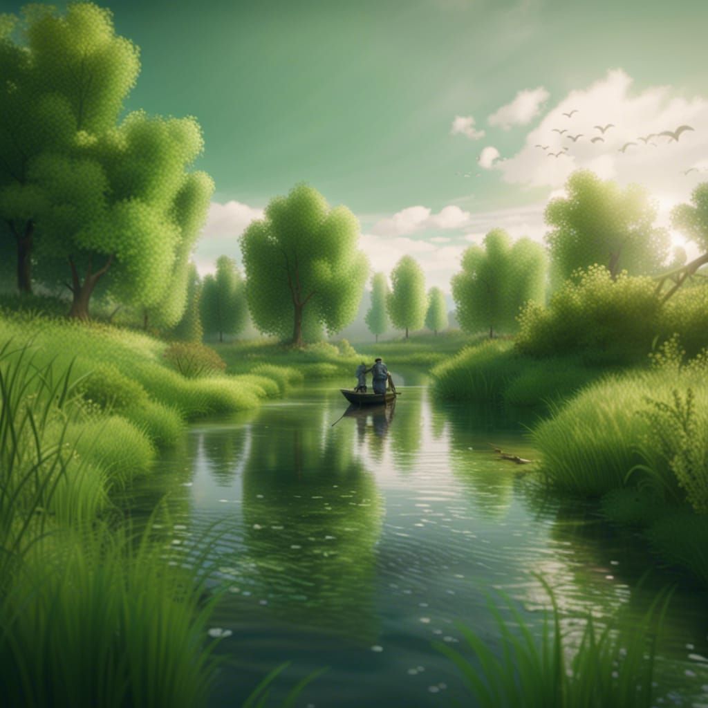 Green Fantasy Landscape with River Fishing